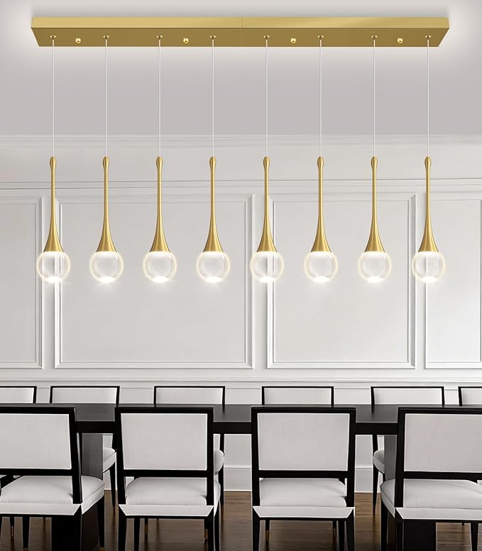 Rectangular Crystal Pendant Lights for Kitchen Island 8 Light Dimmable Crystal Chandelier Lighting Fixtures with Remote for Dining Room Living Room Gold