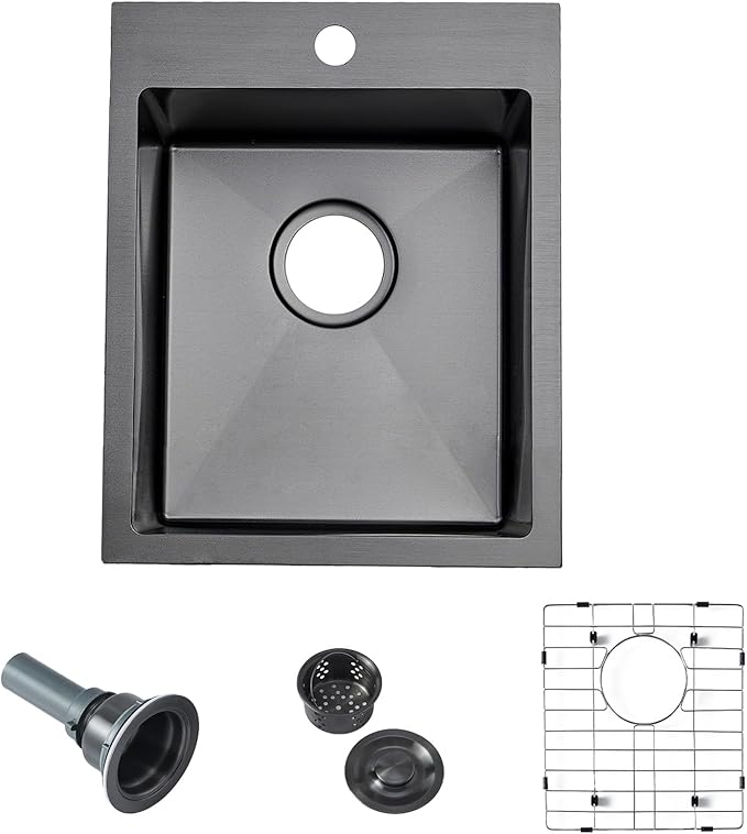 Friho Drop-in Black Bar Sink, 15"x 17" Inch Small Kitchen Sink, Stainless Steel Handmade Single Bowl Topmount RV Kitchen Sinks With Dish Grid & Basket Strainer