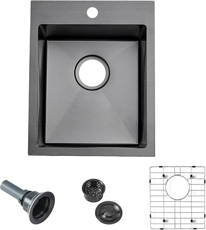 Friho Drop-in Black Bar Sink, 15"x 17" Inch Small Kitchen Sink, Stainless Steel Handmade Single Bowl Topmount RV Kitchen Sinks With Dish Grid & Basket Strainer