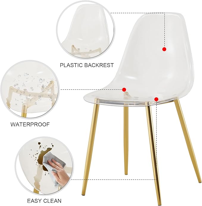 Round Glass Dining Table Set with 4 Transparent Plastic Chairs, 42 Inch Diameter Clear Tempered Glass Top with Gold Metal Legs, Contemporary Aesthetic for Dining Room and Kitchen