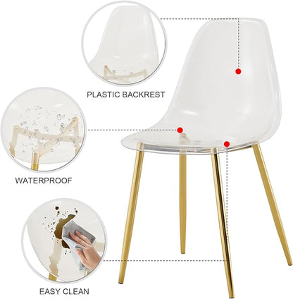 Round Glass Dining Table Set with 4 Transparent Plastic Chairs, 42 Inch Diameter Clear Tempered Glass Top with Gold Metal Legs, Contemporary Aesthetic for Dining Room and Kitchen