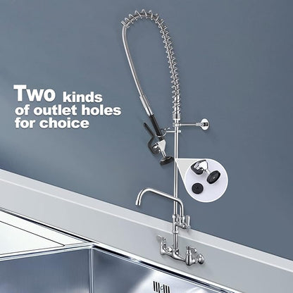43" Height Commercial Kitchen Sink Faucet with Pre-Rinse Sprayer, 8 Inch Wall Mount Center Sink Faucet with Pull Down Spray Unit, Compartment Sink Faucet with 10" Swivel Spout for Restaurant