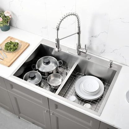 33 Inch Double Bowl Drop In Kitchen Sink-Bokaiya 33x22 Stainless Steel Drop-In Sink Kitchen Top Mount 16 Gauge Deep 50/50 Low-Divide Over Counter Double Bowl Kitchen Sink with Rack&Grid