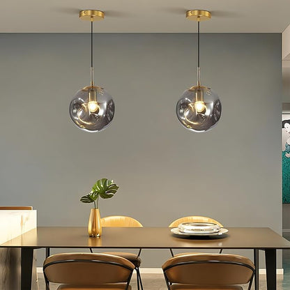 Modern Smoke Gray Concave Glass Pendant Light, 2-Pack Kitchen Island Lighting Single Globe Pendant Light Fixtures Century Kitchen Island Pendant Light for Bedroom Dining Room Light (Without Bulbs)