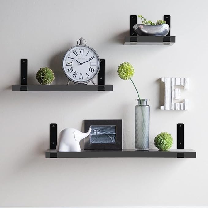 12 Pack - 7.25" L x 4" H x 1.5" W J Lip Shelf Brackets Rustic Farmhouse Iron Wall Floating Shelf Bracket Metal Shelf Bracket Industrial Shelf Supports with Screws Black