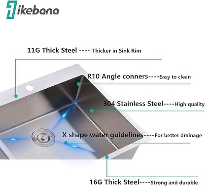 IKEBANA Kitchen Sink 22 x 18 inch, 304 Stainless Steel Brushed Nickel Small Kitchen Bar Sink, Topmount Drop in RV Single Bowl Sink with Strainer
