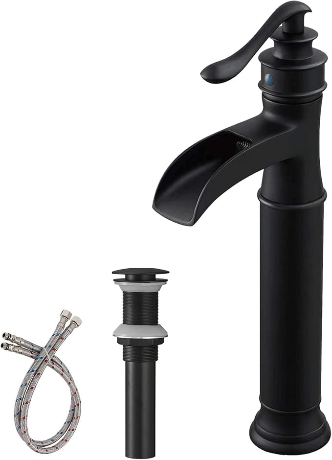 BWE Vessel Sink Faucet Waterfall Matte Black with Pop Up Drain Without Overflow and Supply Lines, Black Sink Faucet Bathroom One Handle Faucets Vanity Bath Mixer Tap