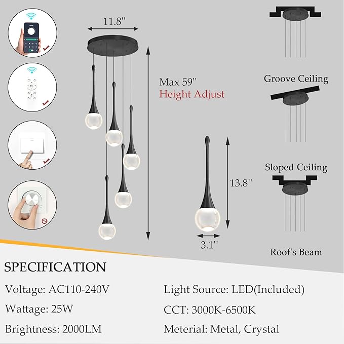 Crystal Chandelier for Dining Room Glam 5 Light Cluster Crystal Pendant Light Dimmable LED Chandeliers for Kitchen Island Living Room Black