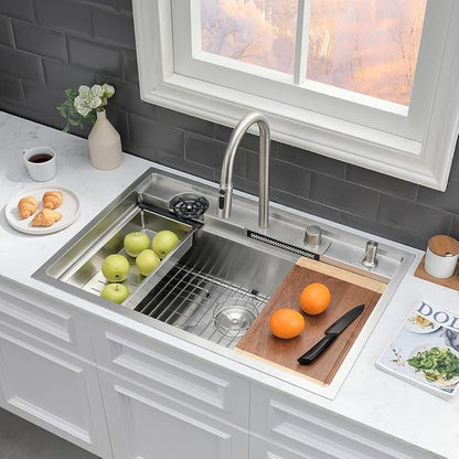 33 Inch Drop In Kitchen Sink Workstation-VASOYO 33x22 Waterfall Kitchen Sink Drop In Stainless Steel Topmount Kitchen Sink 16 Gauge Single Bowl Deep Smart Sinks with Faucet Combo