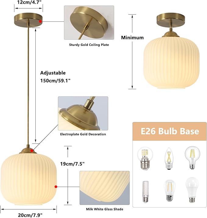 KCO Lighting Mid Century Modern Gold White Pendant Light Milk Glass Globe Pendant Lights Kitchen Island Antique Brass Pendant Light Vintage Hanging Light Fixture for Dining Room Living Room (2-Pack)