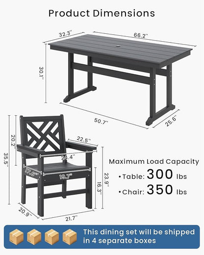 7-Piece Outdoor Dining Set, HDPE All-Weather Patio Table and Chairs Set for 6, Outdoor Patio Furniture Sets with Umbrella Hole for Outside, Deck, Backyard, Garden (Black)
