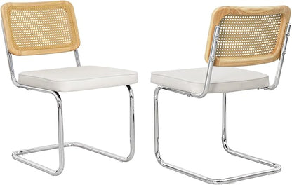 Velvet Upholstered Dining Chair Set of 2 Modern Breuer Designed Rattan Back Stainless Chrome Base Armless Dining Chairs for Kitchen Island, Restaurant,Apartment(White)