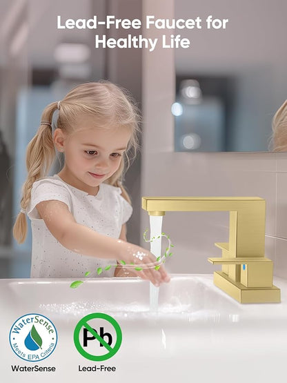 Cobbe Bathroom Faucets for Sink 3 Hole, Brushed Gold Bathroom Sink Faucet Square 4 Inch Centerset with Pop-Up Drain, 2 Handle and 2 Supply Hoses, Lead-Free Stainless Steel for Vanity, Rv, Farmhouse