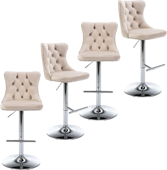 Rhomtree Velvet Swivel Bar Stools Upholstered Bar Stool with Button Tufted Back and Pull Ring Height Adjustable Barstools 25-33 Inch for Home Pub and Kitchen Island (Beige with Silver Base, Set of 4)