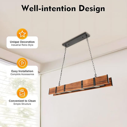 Farmhouse Wooden Light Fixtures Kitchen Island Pendant Lamp Retro Wood and Metal Hanging Light for Living Dining Room Bar Cafe, 4 Lights, 39.4X 3.1x 3.7in