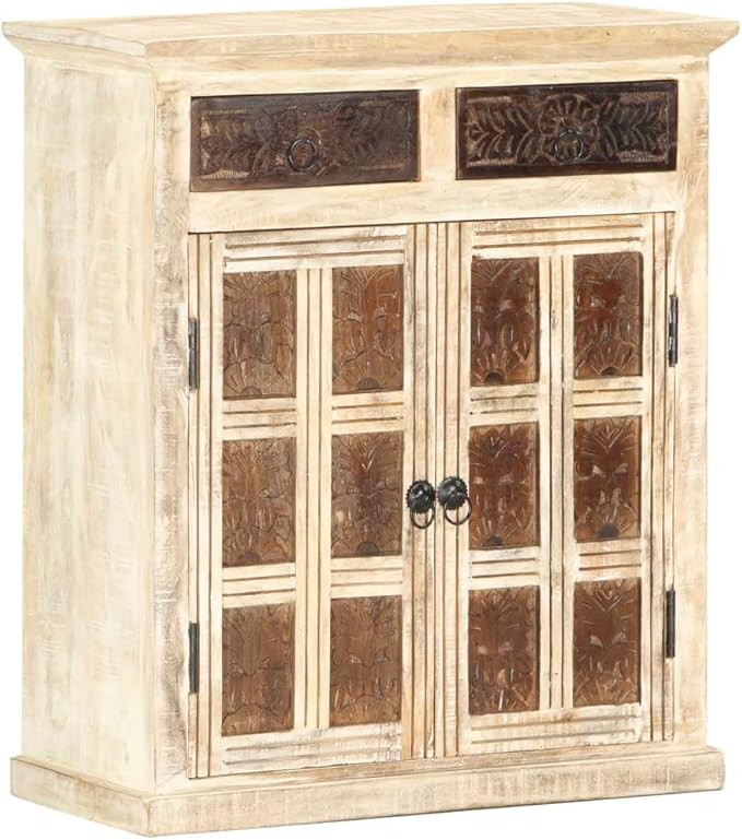 White Sideboard, Solid Mango Wood, Hand Carved Brown Patterns, 2 Doors, 2 Drawers, 29.5 in Tall Buffet Cabinet for Dining Room, Entryway Kitchen Furniture