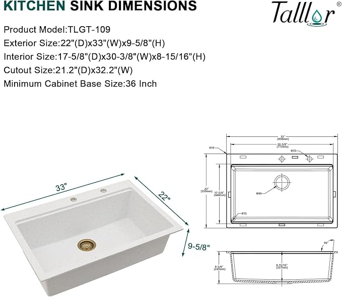 33x22 White Granite Composite Drop-In Kitchen Sink, Single Bowl Classic Quartz Composite Workstation All-In One Sink with Mixing Bowl, Pasta Strainer, Two-Holes Configuration #TLGT-114