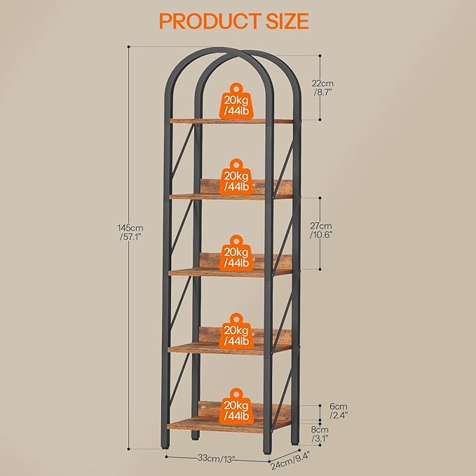 HOOBRO Bookshelf, 5-Tier Bookshelf Arched Display Racks, Industrial Bookcase with Metal Frame, Book Shelf Storage Organizer for Living Room, Office, Bedroom, Rustic Brown and Black BF425SJ01