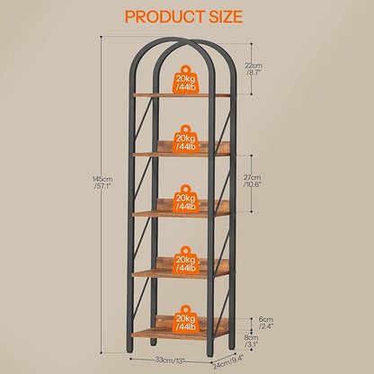 HOOBRO Bookshelf, 5-Tier Bookshelf Arched Display Racks, Industrial Bookcase with Metal Frame, Book Shelf Storage Organizer for Living Room, Office, Bedroom, Rustic Brown and Black BF425SJ01