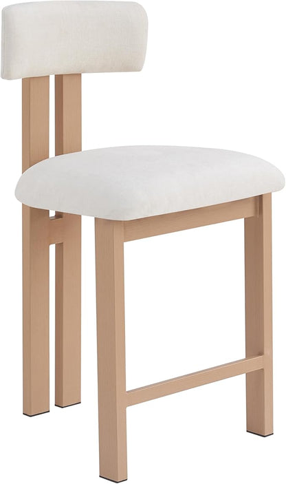 Set of 2 Modern Round Bar Stools with Low Back, 26.5" Height Upholstered Fabric Seats and Natural Iron Frame for Kitchen Island, Dining Counter, Home Bar,Natural+White