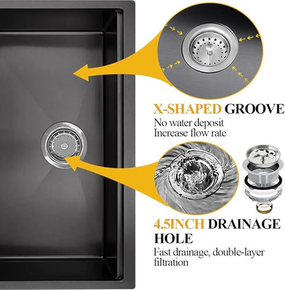 30x19 In Black Kitchen Sink Workstation - Undermount Stainless Steel Single Bowl Drop In Modern Workstation Sink Come With SS Grid,Drying Rack,Cutting Board,Utensil Rest And Drain Assembly