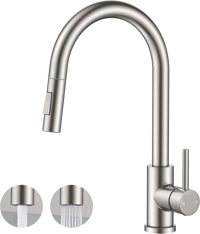 FORIOUS Kitchen Faucet with Pull Down Sprayer, Classic Single Hole Kitchen Sink Faucet with Deck Plate, Brushed Nickel Single Handle, High Arc Stainless Steel for RV Bar Farmhouse Laundry Outdoor