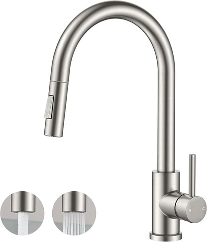FORIOUS Kitchen Faucet with Pull Down Sprayer, Classic Single Hole Kitchen Sink Faucet with Deck Plate, Brushed Nickel Single Handle, High Arc Stainless Steel for RV Bar Farmhouse Laundry Outdoor