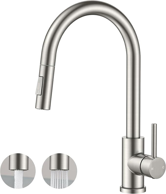 FORIOUS Kitchen Faucet with Pull Down Sprayer, Classic Single Hole Kitchen Sink Faucet with Deck Plate, Brushed Nickel Single Handle, High Arc Stainless Steel for RV Bar Farmhouse Laundry Outdoor