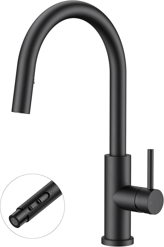 FORIOUS Kitchen Faucets with Pull Down Sprayer, Black Single Handle Stainless Steel High Arc Kitchen Sink Faucet with Deck Plate, Transitional Single Hole Faucet for Bar RV Outdoor Laundry Farmhouse