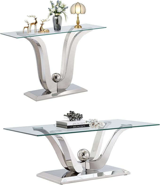 Luxury Glass Coffee Table Set of 2 Piece Silver Living Room Table Set of 2 Including Coffee and Sofa Table Set, Gorgeous Stainless Steel Frame, Clear Glass Top for Living Room Home Office Apartment