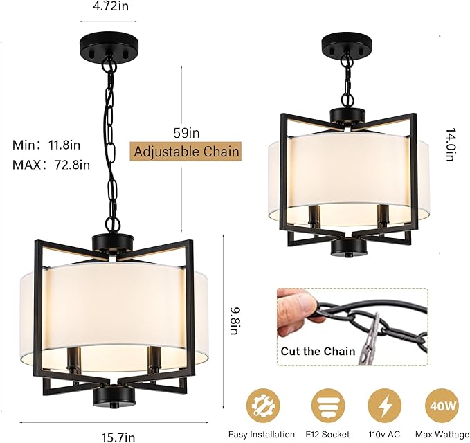 Modern Drum Chandelier Kitchen Island Lights, 4 Light Adjustable Rustic Island Pendant Lighting, Black Farmhouse Dining Room Hanging Light Fixture for Bedroom Living Room Hallway