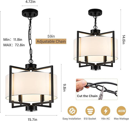 Modern Drum Chandelier Kitchen Island Lights, 4 Light Adjustable Rustic Island Pendant Lighting, Black Farmhouse Dining Room Hanging Light Fixture for Bedroom Living Room Hallway