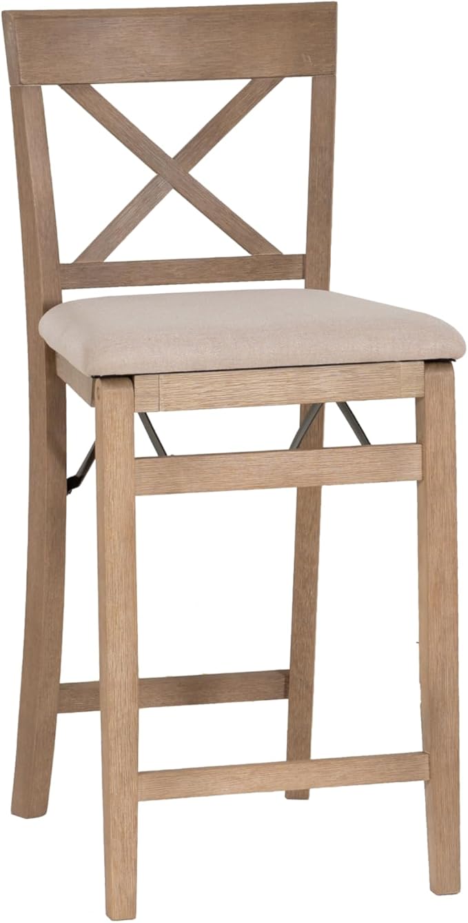 Linon Triena X Back Neutral Greywash Wooden Fully Assembled Folding 24 Inch Seat Height Counter Stool with Beige Upholstered Seat