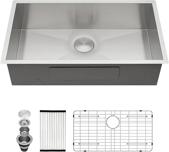 Kichae 30 Inch Undermount Kitchen Sink Single Bowl 16 Gauge Stainless Steel Under Counter Round Corner Handmade Kitchen Sink Single Basin,30x18x9 Inch