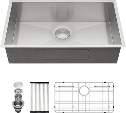 Kichae 30 Inch Undermount Kitchen Sink Single Bowl 16 Gauge Stainless Steel Under Counter Round Corner Handmade Kitchen Sink Single Basin,30x18x9 Inch