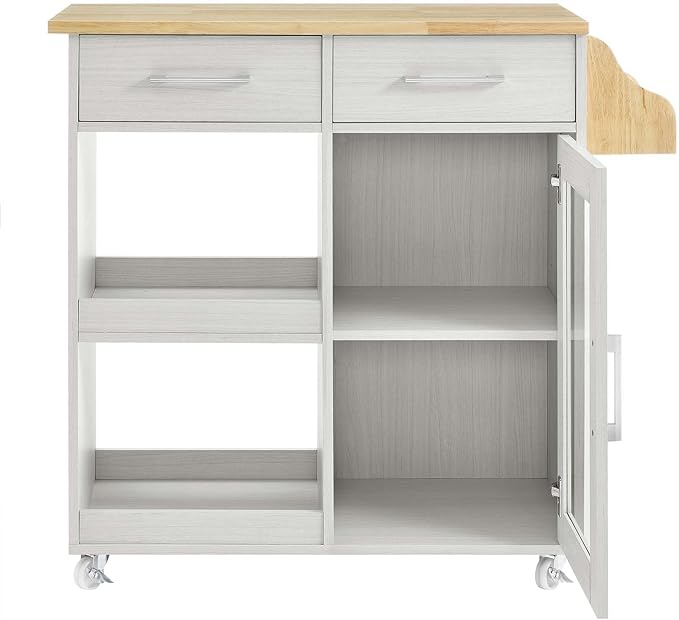 Modway Culinary Rolling Kitchen Cart with Storage in White Natural - 3 Tiers Kitchen Island on Wheels with Spice Rack, Functional as a Coffee Station, Bar Cabinet or Butcher Block Island