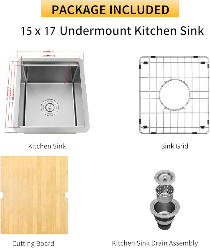 Undermount Bar Sink, 16 Gauge 304S Stainless Steel Workstaion Sink with Accessories, 15" x 17" x 10" Small Kitchen SinkS for Outdoor, RV,Prep Sink, Bathroom and Wet Bar