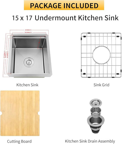 Undermount Bar Sink, 16 Gauge 304S Stainless Steel Workstaion Sink with Accessories, 15" x 17" x 10" Small Kitchen SinkS for Outdoor, RV,Prep Sink, Bathroom and Wet Bar