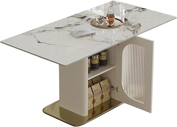 63" Modern Dining Table for 4-6, Sintered Stone with Storage, Solid Wood Base