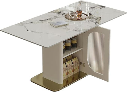 63" Modern Dining Table for 4-6, Sintered Stone with Storage, Solid Wood Base