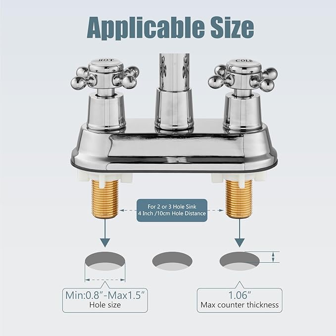 Aolemi 4 Inch Centerset Bathroom Sink Faucet Vintage 2 Cross Handle RV Mixer Tap Basin Vanity Lavatory Utility for Sink 3 Hole Include Hoses Pop Up Drain Faucet Handle with Label Polish Chrome