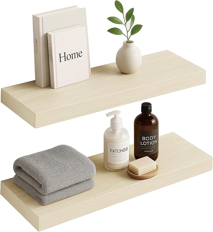 INHABIT UNION White Oak Floating Shelves for Wall, 24 in Wall Mounted Shelves Perfect for Bedroom, Bathroom, Living Room and Kitchen Decoration Storage（Set of 2）