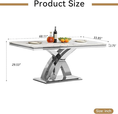 68" Faux Marble White Dining Table for 6-8, Modern Dining Room Table with 0.71" Marble Printing MDF Top and X-Shaped Silver Stainless Steel Base, Rectangle Kitchen Dinner Table