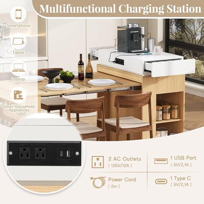 Modern Marble Dining Table Extendable Folding Solid Wood Kitchen Island with Power Socket Buffet Cabinet Sideboard on Wheels for Dining Room (Natural Wood+Cream White,Without Metal Legs)