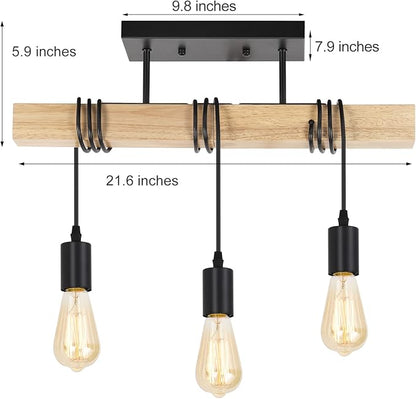 Rustic Vintage Wood Ceiling Light, 3-Light Retro Semi Flush Mount Ceiling Light Fixture, Industrial Farmhouse Ceiling Lamp for Hallway Bedroom Entryway Farmhouse Dining Room Living Room