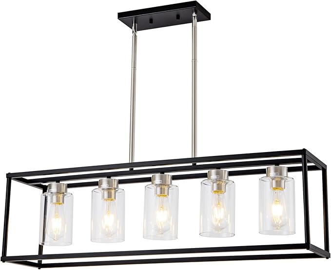 5 Light Dining Room Light Fixture Modern Farmhouse Chandeliers Over Table Black & Brushed Nickel Rectangular Pendent Lighting for Kitchen with Glass Shade Hanging Industrial Ceiling Light