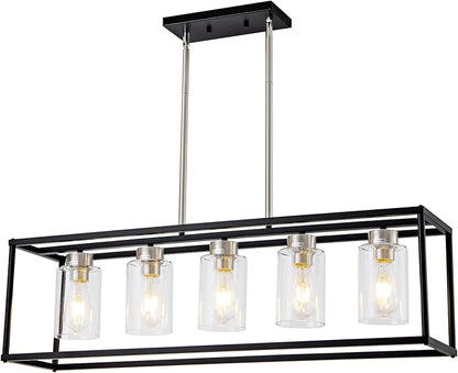 5 Light Dining Room Light Fixture Modern Farmhouse Chandeliers Over Table Black & Brushed Nickel Rectangular Pendent Lighting for Kitchen with Glass Shade Hanging Industrial Ceiling Light