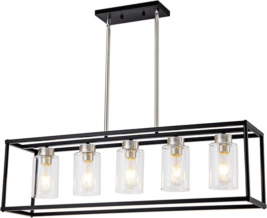 5 Light Dining Room Light Fixture Modern Farmhouse Chandeliers Over Table Black & Brushed Nickel Rectangular Pendent Lighting for Kitchen with Glass Shade Hanging Industrial Ceiling Light