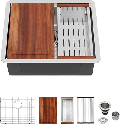 Logmey 23 Undermount Bar Sink - 23x19 Stainless Steel Kitchen Sinks Under Ledge Workstation Sink 16 Gauge Single Bowl Bar Prep Sinks Basin