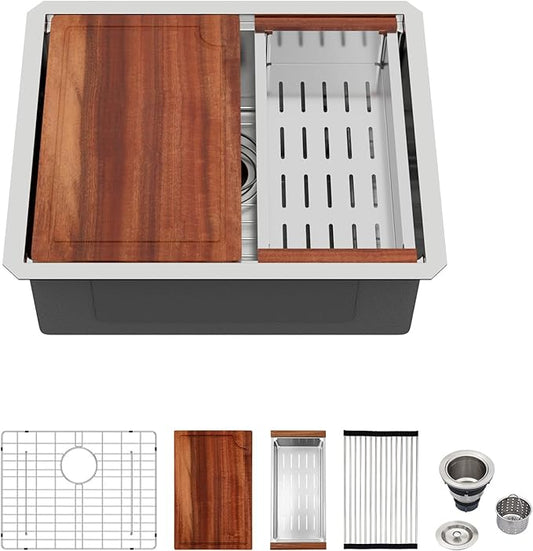 Logmey 23 Undermount Bar Sink - 23x19 Stainless Steel Kitchen Sinks Under Ledge Workstation Sink 16 Gauge Single Bowl Bar Prep Sinks Basin